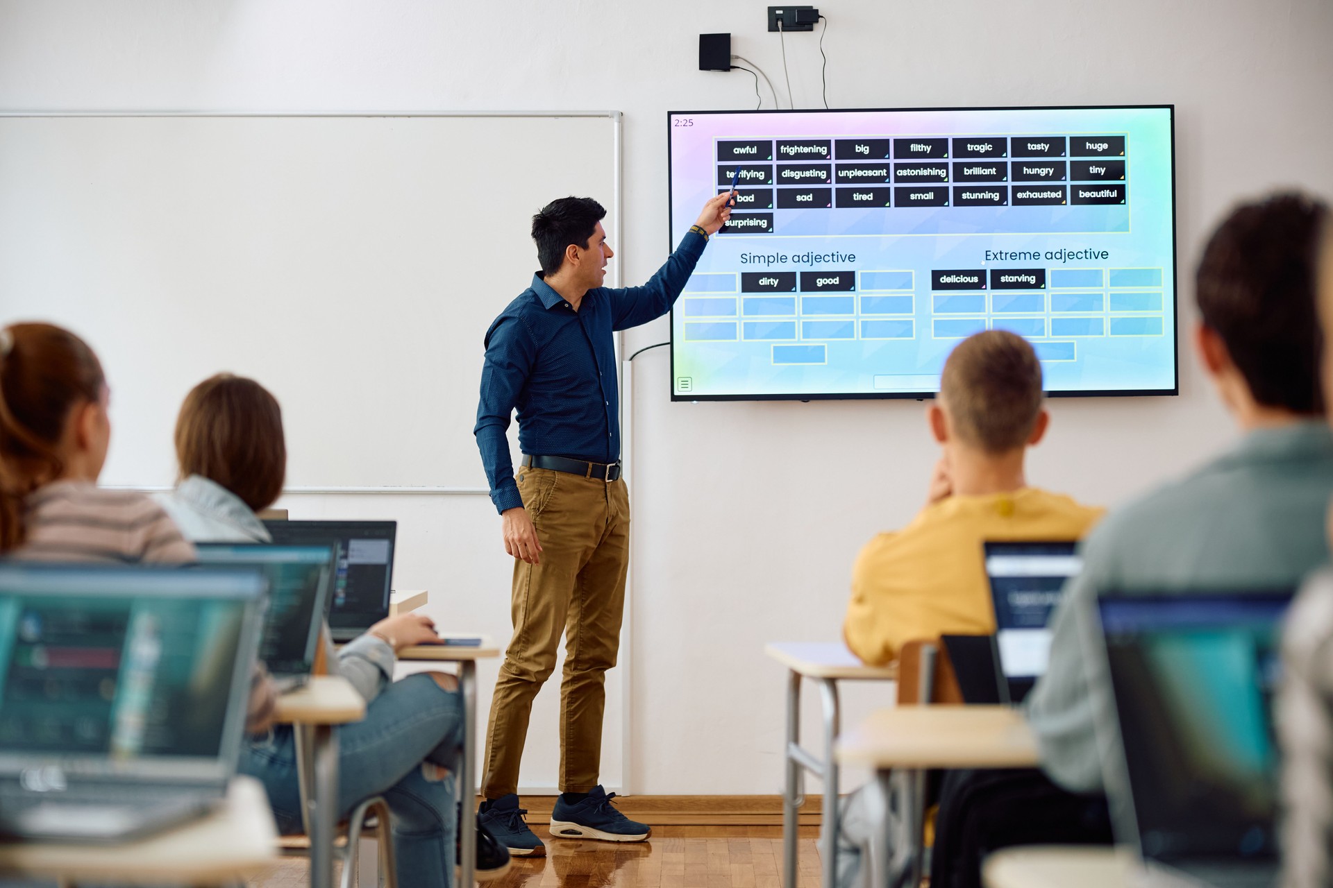 High school teacher using smartboard while teaching students in the classroom.