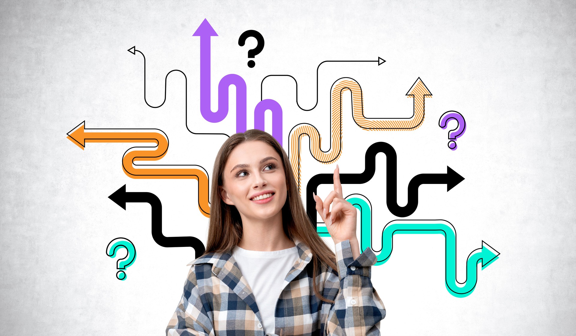 Young woman pointing up with colorful arrows and question marks for program setup