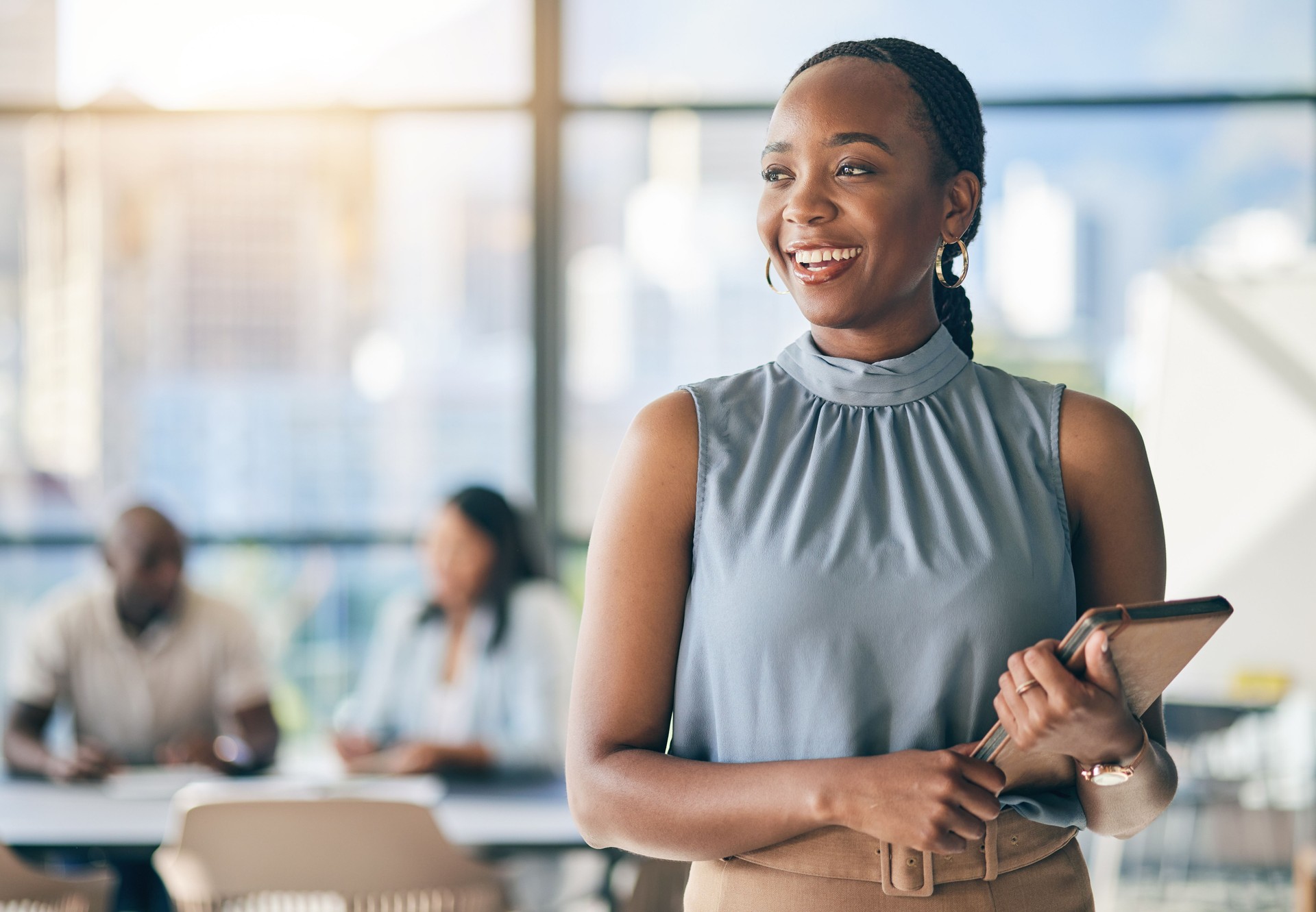 Black woman in office with tablet, smile and mockup, leadership in business meeting with professional. Workshop, project management and happy educational consultant ith digital device.